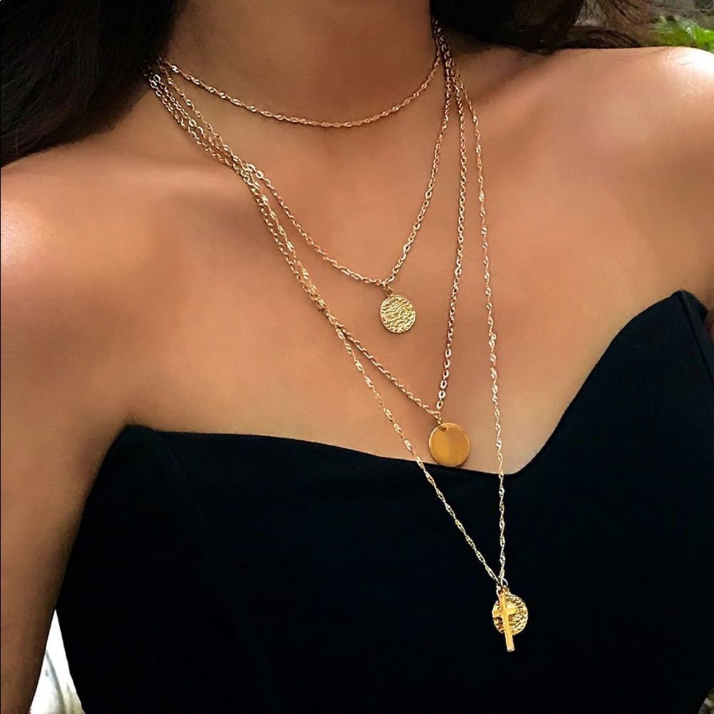 Layered Coin Cross Chain Necklace‎